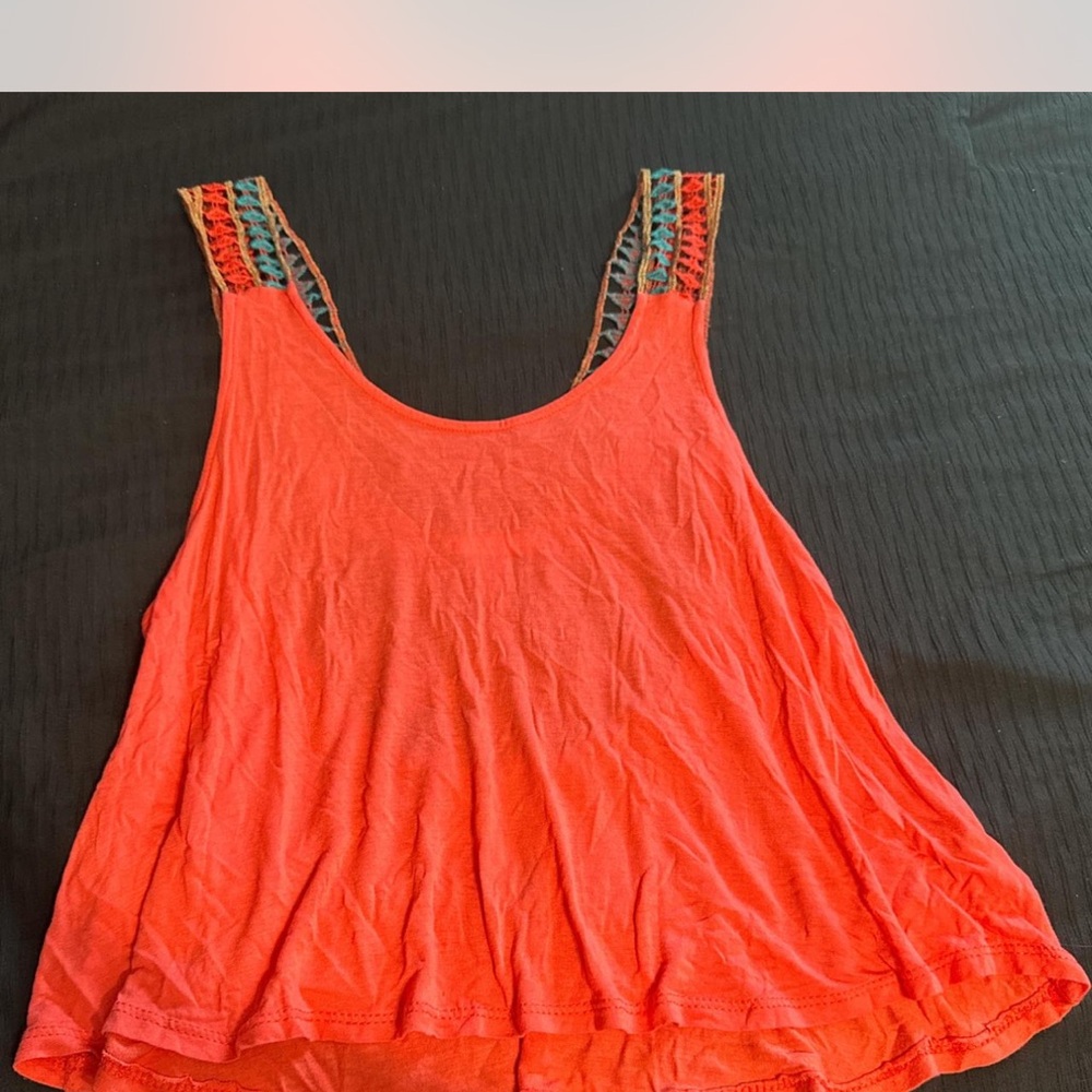 Lush Coral Tank Top with Multicolor Crochet Straps